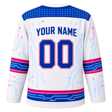 Load image into Gallery viewer, Cyber Circuit Original Hockey Jersey in Arctic White, back view with your name and number – circuit-dot yoke and circuit-trace hem stripes