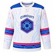 Load image into Gallery viewer, Cyber Circuit Original Hockey Jersey in Arctic White, front view – glowing circuit-board traces with microchip hexagon crest, custom name and number