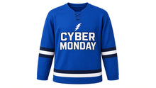 Load image into Gallery viewer, Cyber Monday Original Hockey Jersey in Blue, front view – custom name and number