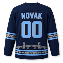 Load image into Gallery viewer, Czechia Bohemian Castle Bridge Original Hockey Jersey in River Navy, back view with your name and number