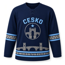Load image into Gallery viewer, Czechia Bohemian Castle Bridge Original Hockey Jersey in River Navy, front view – custom name and number