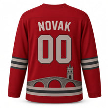 Load image into Gallery viewer, Czechia Bohemian Castle Bridge Original Hockey Jersey in Rooftop Red, back view with your name and number