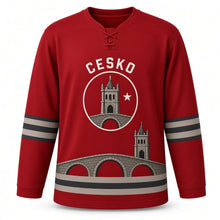 Load image into Gallery viewer, Czechia Bohemian Castle Bridge Original Hockey Jersey in Rooftop Red, front view – custom name and number