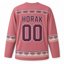 Load image into Gallery viewer, Czechia Marionette Theater Original Hockey Jersey in Footlight Rose, back view with your name and number