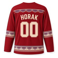 Load image into Gallery viewer, Czechia Marionette Theater Original Hockey Jersey in Curtain Red, back view with your name and number