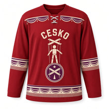 Load image into Gallery viewer, Czechia Marionette Theater Original Hockey Jersey in Curtain Red, front view – custom name and number
