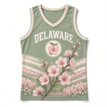 Load image into Gallery viewer, Delaware Peach Blossom Original Basketball Jersey in Leaf Green, front view – custom name and number