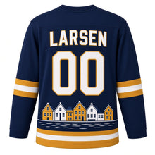 Load image into Gallery viewer, Denmark Harbor Houses Original Hockey Jersey in Harbor Blue, back view with your name and number