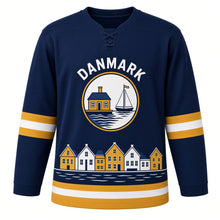 Load image into Gallery viewer, Denmark Harbor Houses Original Hockey Jersey in Harbor Blue, front view – custom name and number