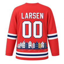 Load image into Gallery viewer, Denmark Harbor Houses Original Hockey Jersey in Coral Red, back view with your name and number