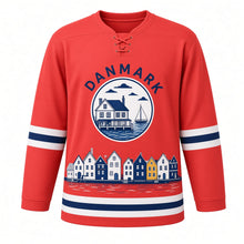 Load image into Gallery viewer, Denmark Harbor Houses Original Hockey Jersey in Coral Red, front view – custom name and number