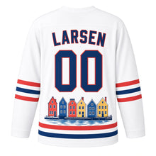 Load image into Gallery viewer, Denmark Harbor Houses Original Hockey Jersey in Canal White, back view with your name and number