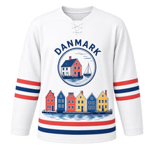 Load image into Gallery viewer, Denmark Harbor Houses Original Hockey Jersey in Canal White, front view – custom name and number