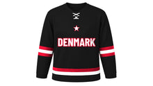 Load image into Gallery viewer, Denmark Original Hockey Jersey in Black, front view – custom name and number
