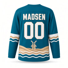 Load image into Gallery viewer, Denmark Seaside Windmill Original Hockey Jersey in Baltic Teal, back view with your name and number