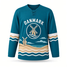 Load image into Gallery viewer, Denmark Seaside Windmill Original Hockey Jersey in Baltic Teal, front view – custom name and number
