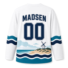 Load image into Gallery viewer, Denmark Seaside Windmill Original Hockey Jersey in Salt White, back view with your name and number