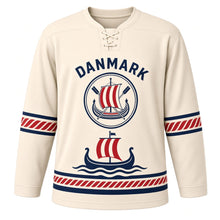 Load image into Gallery viewer, Denmark Viking Longship Sail Original Hockey Jersey in Sail Cream, front view – custom name and number