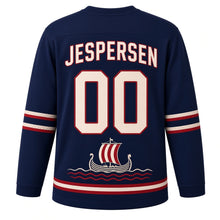 Load image into Gallery viewer, Denmark Viking Longship Sail Original Hockey Jersey in Longship Navy, back view with your name and number