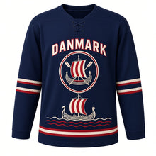 Load image into Gallery viewer, Denmark Viking Longship Sail Original Hockey Jersey in Longship Navy, front view – custom name and number