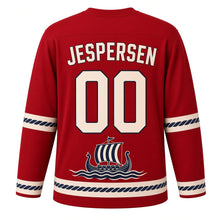 Load image into Gallery viewer, Denmark Viking Longship Sail Original Hockey Jersey in Shield Red, back view with your name and number