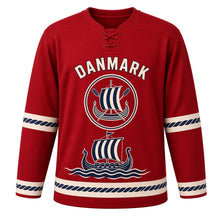 Load image into Gallery viewer, Denmark Viking Longship Sail Original Hockey Jersey in Shield Red, front view – custom name and number