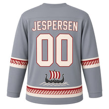 Load image into Gallery viewer, Denmark Viking Longship Sail Original Hockey Jersey in North Sea Gray, back view with your name and number