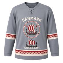 Load image into Gallery viewer, Denmark Viking Longship Sail Original Hockey Jersey in North Sea Gray, front view – custom name and number