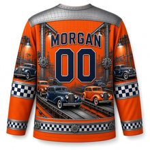 Load image into Gallery viewer, Detroit Assembly Line Chrome Original Hockey Jersey in Piston Orange, back view with your name and number