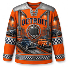 Load image into Gallery viewer, Detroit Assembly Line Chrome Original Hockey Jersey in Piston Orange, front view – custom name and number