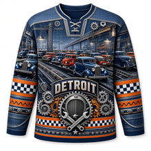 Load image into Gallery viewer, Detroit Assembly Line Chrome Original Hockey Jersey in Gunmetal Steel, front view – custom name and number