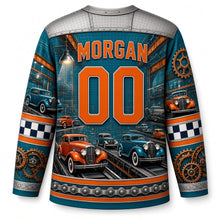 Load image into Gallery viewer, Detroit Assembly Line Chrome Original Hockey Jersey in Factory Teal, back view with your name and number