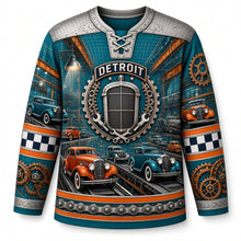 Load image into Gallery viewer, Detroit Assembly Line Chrome Original Hockey Jersey in Factory Teal, front view – custom name and number