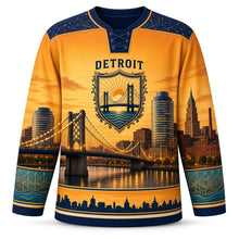 Load image into Gallery viewer, Detroit Bridge Twilight Original Hockey Jersey in Dusk Amber, front view – golden sunset river, round glass towers and brick warehouses, custom name and number
