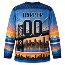 Load image into Gallery viewer, Detroit Bridge Twilight Original Hockey Jersey in Bridge Steel Blue, back view with your name and number framed by bridge cables and river waves