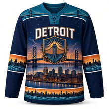 Load image into Gallery viewer, Detroit Bridge Twilight Original Hockey Jersey in River Navy, front view – starry night bridge cables and flat-topped downtown towers, custom name and number