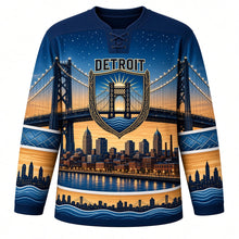 Load image into Gallery viewer, Detroit Bridge Twilight Original Hockey Jersey in Twilight Teal, front view – lit suspension bridge over a Midwest riverfront skyline with bridge-tower shield crest, custom name and number