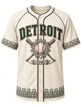 Load image into Gallery viewer, Detroit Heritage Baseball Jersey in Cream, front view – cream flannel-look body with racing green wordmark and cobblestone trim, arched DETROIT wordmark, cog gear and stitched baseball emblem with crossed bats and a 1701 ribbon – custom name and number