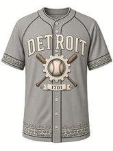Load image into Gallery viewer, Detroit Heritage Baseball Jersey in Cobblestone Gray, front view – cobblestone gray body with cream wordmark and gear-tooth trim, arched DETROIT wordmark, cog gear and stitched baseball emblem with crossed bats and a 1701 ribbon – custom name and number