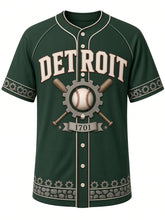 Load image into Gallery viewer, Detroit Heritage Baseball Jersey in Racing Green, front view – racing green body with cream wordmark and cobblestone trim, arched DETROIT wordmark, cog gear and stitched baseball emblem with crossed bats and a 1701 ribbon – custom name and number