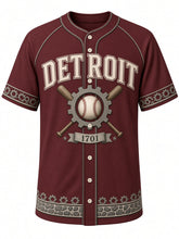 Load image into Gallery viewer, Detroit Heritage Baseball Jersey in Motor Maroon, front view – motor maroon body with cream wordmark and cobblestone trim, arched DETROIT wordmark, cog gear and stitched baseball emblem with crossed bats and a 1701 ribbon – custom name and number