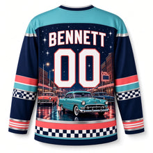 Load image into Gallery viewer, Detroit Tailfin Cruiser Boulevard Original Hockey Jersey in Chrome Navy, back view with your name and number