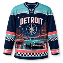 Load image into Gallery viewer, Detroit Tailfin Cruiser Boulevard Original Hockey Jersey in Chrome Navy, front view – custom name and number