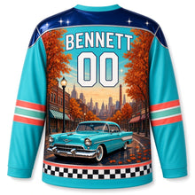 Load image into Gallery viewer, Detroit Tailfin Cruiser Boulevard Original Hockey Jersey in Candy Turquoise, back view with your name and number above a candy-paint cruiser and globe streetlamps