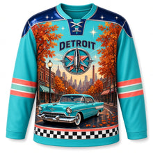 Load image into Gallery viewer, Detroit Tailfin Cruiser Boulevard Original Hockey Jersey in Candy Turquoise, front view – chrome rocket crest above a classic cruiser and autumn boulevard, custom name and number