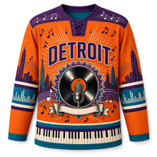 Load image into Gallery viewer, Detroit Vinyl Groove Soul Original Hockey Jersey in Groove Orange, front view – custom name and number