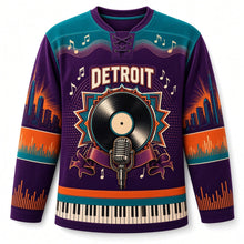 Load image into Gallery viewer, Detroit Vinyl Groove Soul Original Hockey Jersey in Velvet Plum, front view – spinning record with ribbon microphone starburst crest and piano-key hem, custom name and number