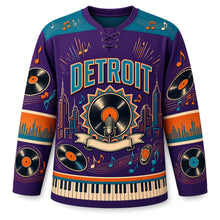 Load image into Gallery viewer, Detroit Vinyl Groove Soul Original Hockey Jersey in Soul Violet, front view – custom name and number