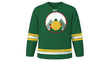 Load image into Gallery viewer, Double Ninth Festival Original Hockey Jersey in Pine Green, front view – golden chrysanthemum and mountain peaks crest – custom name and number