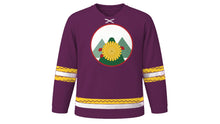 Load image into Gallery viewer, Double Ninth Festival Original Hockey Jersey in Autumn Plum, front view – golden chrysanthemum and mountain peaks crest – custom name and number